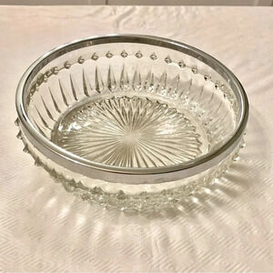 Vintage Hollywood Regency Clear Cut Glass Serving Bowl Silver Trim Party Holiday
